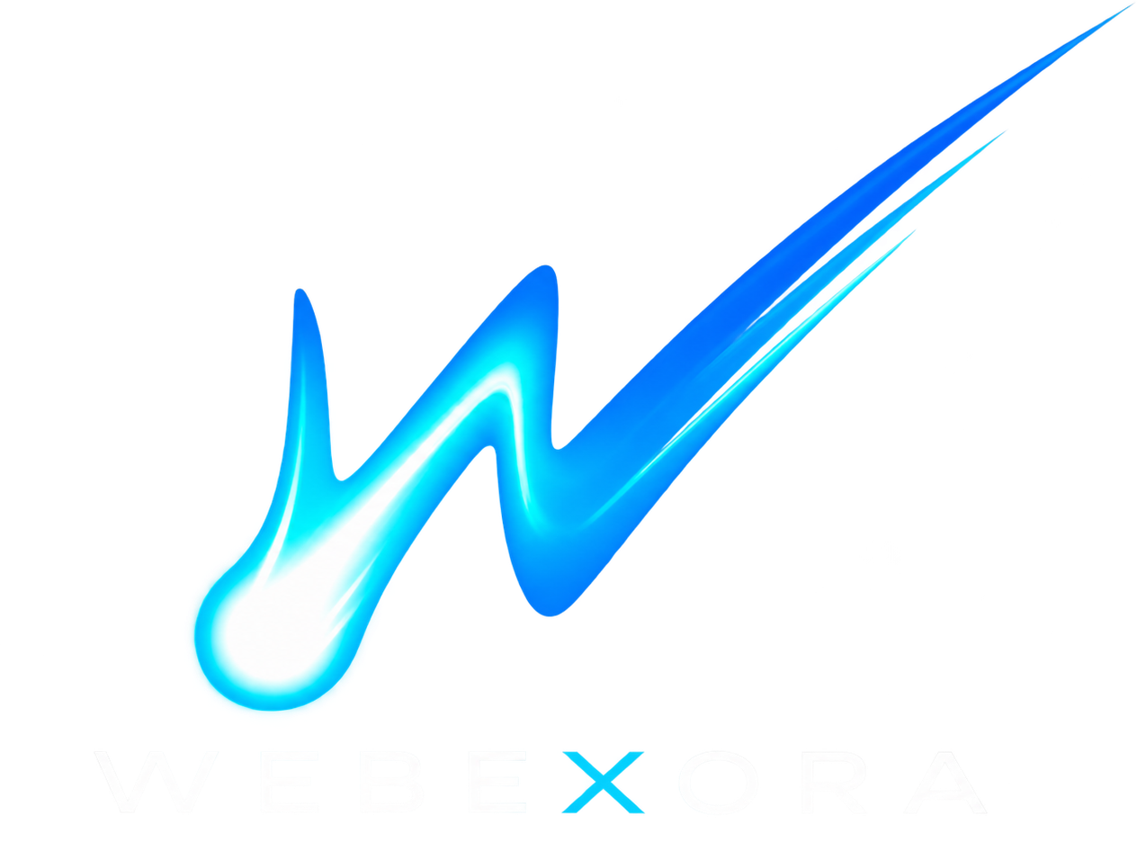 Imagotipo de Webexora: cometa azul con la letra W y el nombre de la marca